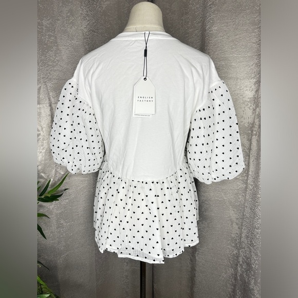 NWT English Factory Contrasting Heart Dotted Puff Sleeve Peplum Top White Sz S - Picture 9 of 13